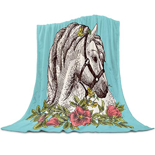 Fleece Blanket And Microfiber Soft Bed Throws Blanket 39×49Inch Bohemian White Horse For Sofa Couch Decorative All Season Warm Living Room/Bedroom Lightweight Blankets #TOP1