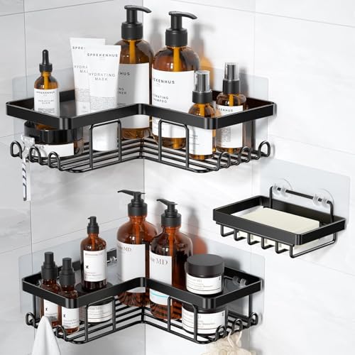 Image of Self Adhesive Bathroom Shelf Combo Pack of 3 | No Drill Metal Bathroom Organizer | Rust-Proof Wall Mounted Shelves with Soap Holder | Adhesive Multipurpose Storage Rack for Bathroom & Kitchen