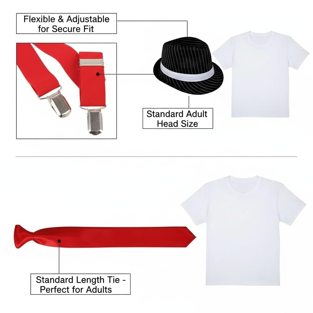 RockParty Gangster Costume Accessory Set 6 Piece 1920s Fancy Dress Kit with Trilby Hat, Tie, Braces, Fake Cigar - Image 4