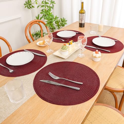 Image of SHACOS Round Placemats Set of 8 for Dining Table 15 inch Round Braided Place Mats Cotton Polyester Washable Non Slip Kitchen Table Mats, Burgundy