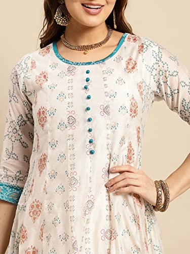 Image of rangita Off White Chanderi Calf Length Printed Flared Kurti for Women | Kurta for Women