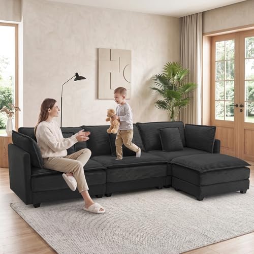 Image of Corduroy Sectional Couch, 3 Seater 113 inch L Shaped Cloud Couch with Ottoman, Modular Deep Seat Sofa with Pillows for Living Room, Apartment, Black