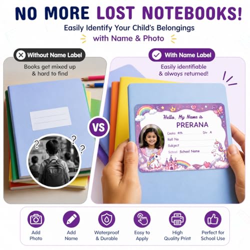 Image of Personalized Name Labels for Kids | Custom Photo Name Stickers for School Books, Notebooks | Waterproof Self Adhesive Book Labels (30 Pcs) | Name, Class, Div, School | 3.5 x 2 Inch (GDS-2)
