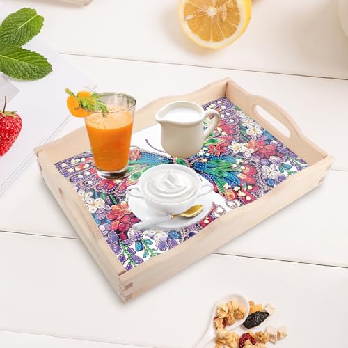 Image of DIY Diamond Art Tray with Handle Diamond Art Painting Plate Creative Design Handmade Wooden Tray Mosaic Making Kits by Number Kits Diamond Art for Coffee Living Room Home Organizer (Butterfly)