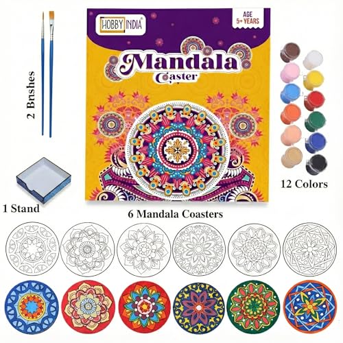 Image of HOBBY INDIA Rangoli Mandala Art Kit for Adults and Kids | DIY Tea Coaster Set of 6 with Painting Kit | Unique Art and Craft Kit Gift | Perfect Coaster for Office Desk, Dining Table Kitchen Decoration