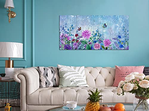Acocifi Purple Botanical Canvas Wall Art Pink Flowers Butterfly Painting Summer Watercolor Landscape Floral Picture Large Artwork Framed For Bedroom Bathroom Living Room Farmhouse Office Home 40"X20" #TOP1