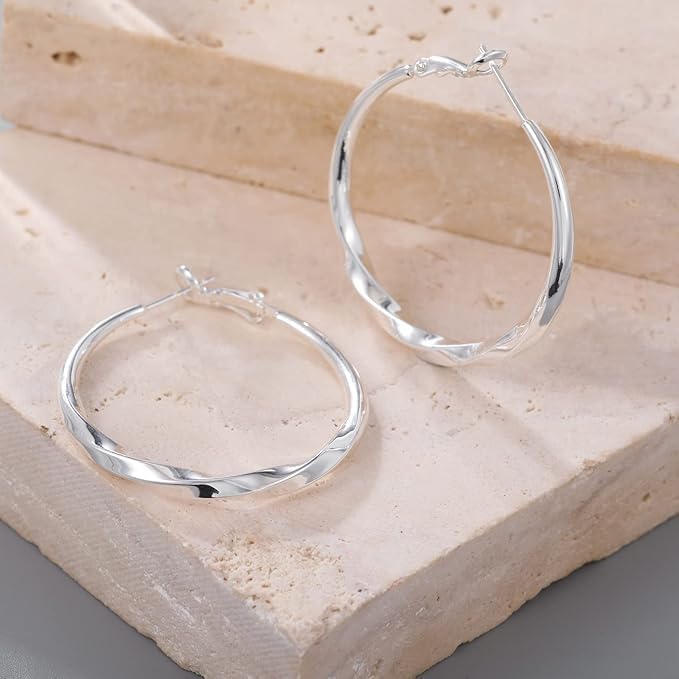 PABBEU S925 Sterling Silver Hoop Earrings for Women Lightweight Twisted Hoop Earrings Hypoallergenic Large Silver Hoop Earrings for Women 40/50/60mm - Image 5