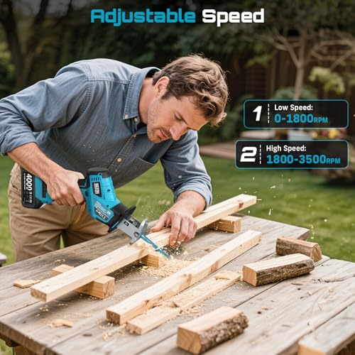 SEESII Reciprocating Saw Cordless, Variable Speed 3500 RPM Brushless Motor with 8 Saw Blades, 2 x 4.0Ah Batteries, LED Light, Tool‑Free Blade Change, Portable for Wood PVC Cutting thumbnail 6