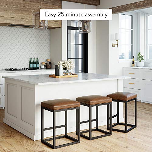 Nathan James Nelson Bar Stool With Leather Cushion And Metal Base, 24", Warm Brown/Black #TOP6