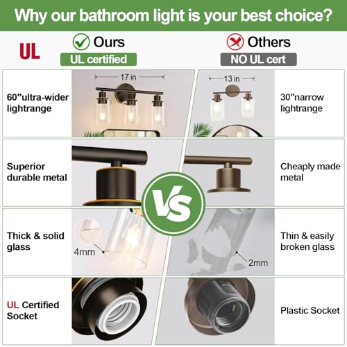 Image of Zarbitta 3-Light Bathroom Light Fixtures, Brown and Gold Bathroom Wall Lights, Modern Vanity Light with Clear Glass Shade, Bathroom Wall Lamp for Mirror Hallway Cabinet