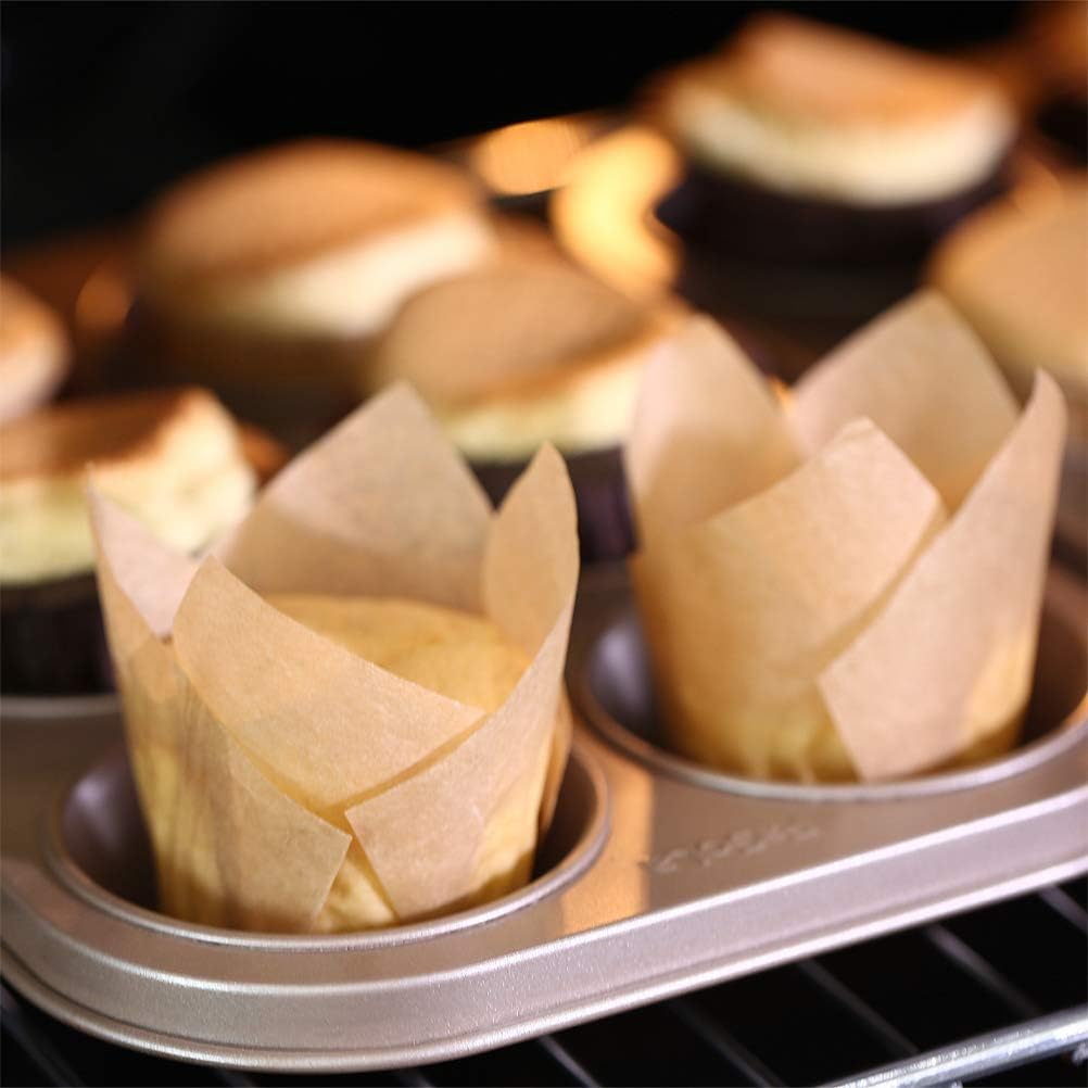 ATPWONZ 200pcs Tulip Cupcake Liners Unbleached Natural Tulip Baking Cups Muffin Paper Liner Parchment Paper Liners for Wedding Birthday Baby Shower Party Home Bakery Shops Cafes