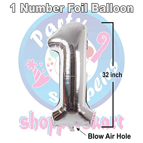 Image of Silver 32 Inches 1 Numbers Shape Large Big Foil Helium Balloons For Party Decorations In Happy Birthday Anniversary Office Items Materials Set Pack, Pack Of 1