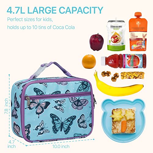 Bagseri Kids Lunch Box Insulated - Lunch Bag For Girls With Buckle Handle - Portable Reusable Toddler Leak-Proof Lunchbox For School And Daycare, Blue, Butterfly #TOP4