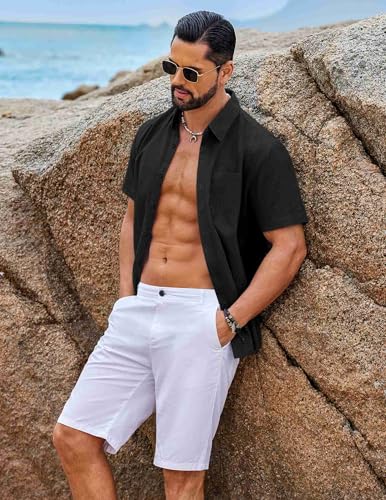Image of COOFANDY Men's Button Down Short Sleeve Shirt Casual Cotton Summer Beach Wedding Linen Shirts with Pocket