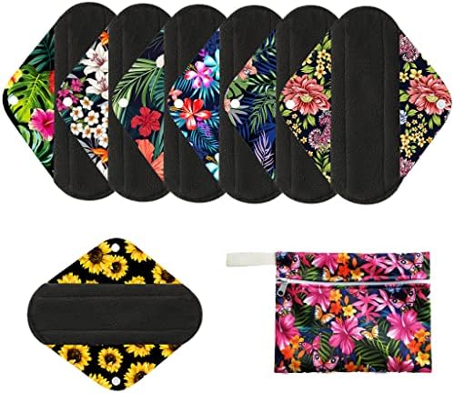 7pcs/Set Reusable Menstrual Pads Including 1pc Mini Wet Bag +6pcs Bamboo Charcoal Cloth Menstrual Incontinence Pads/Reusable Sanitary/Mama Panty Liners (All Randomly Prints)