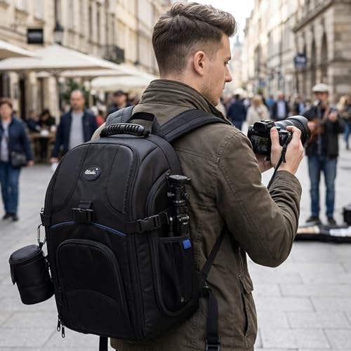 Image of Rotado J1 Camera Backpack with Dedicated Laptop Compartment | Shockproof DSLR Bag with Removable Dividers, Rain Cover & Padded Straps (Black)