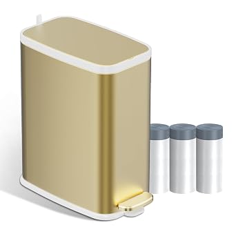 KdbK Champagne Gold Bathroom Trash Can with Lid Soft Close,1.6 Gallon Slim Garbage can,Small Metal Step Wastebasket for Office, Bedroom, Toilet, Live Room
