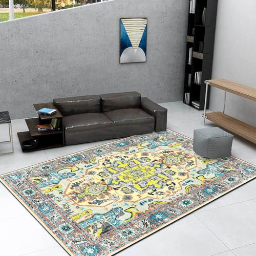 Genérico Alfombras De áRea Alfombra De SalóN De Antideslizantes Y Lavable Alfombras Decorativas para HabitacióN Comedor Pasillo Estilo étnico Retro Azul Amarillo. 100 x 160 cm