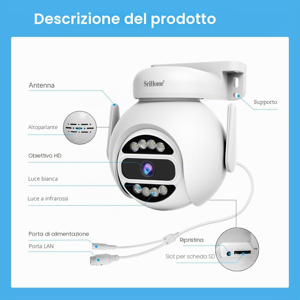 SRIHOME SH047 4MP Rete WiFi a Doppia Banda, Fotocamera di Sorveglianza PTZ, Inseguimento Movimento, Visione Notturna, IP66 Impermeabile, Audio 2-Way, Tutela Della vita Privata, Uso Interno/Esterno