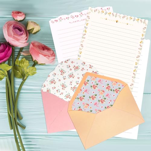 KSIWRE Stationary Paper and Envelopes Set, 24 PCS Writing Stationery Paper with 12 PCS Envelopes, Warm Floral Themed Envelope and Stationery Design for Invitations Gift Decorations Holiday Party