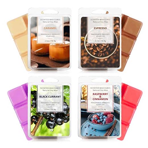 SCENTORINI Wax Melts, 4 x 2.5oz, Soy Wax Cubes for Wax Warmer, Caramel, Espresso, Black Current, Raspberry & Cinnamon