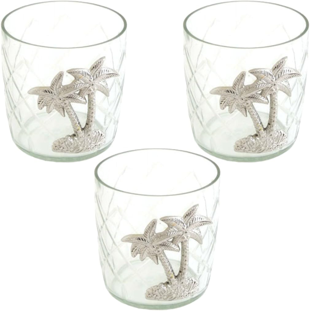 Silver Palm Tree on Etched Glass. Bathroom Water Cup, Votive Candle Holder. - Set of 3