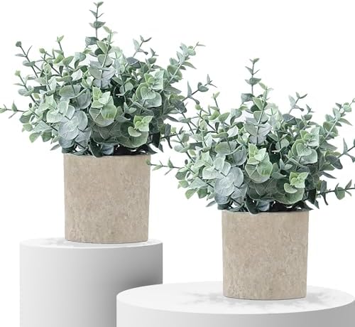 2 Pack Fake Plants Eucalyptus Small Potted Artificial Plants Indo...