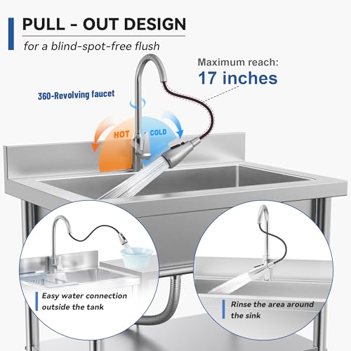 Image of 39 inch Stainless Steel Utility Sink with Workbench, Freestanding Single Bowl Laundry Sink with Hot & Cold Water Connection, Large Garage Sink for Kitchen, Farmhouse, Outdoor & Commercial Use
