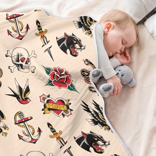 Image of Old School Tattoo Baby Blanket Cotton Cozy Throw Blanket Warm Nursery Swaddle Receiving Toddler Blankets 30 inch x 40