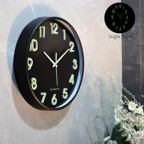 Image of Amazon Brand- Solimo 12-Inch Analog Wall Clock - Luminous Night Glow-in-the-Dark Design, Radium Dial, Silent Non-Ticking Sweep