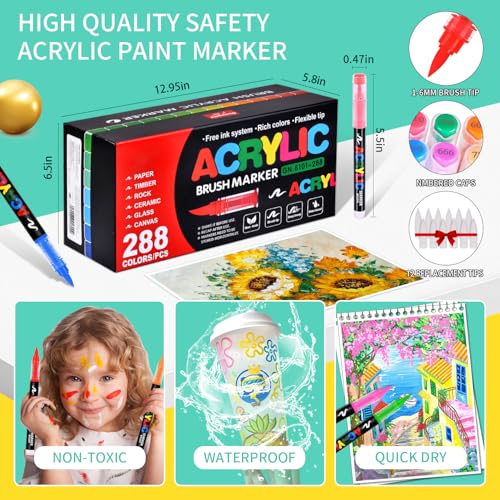 Image of 288 Colors Acrylic Paint Markers, Soft Brush Tip Pens, Direct-Liquid Ink Control System, Water-Based No-Bleed Premium Acrylic Paint Pens for DIY Art & Crafts - Fabric, Wood, Metal, Glass, Rock