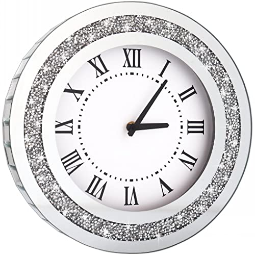 DMDFIRST Horloge Murale Ronde argentée de 30,5 cm avec Strass Scintillants, décoration Murale, Miroir en Verre argenté, décoration d'intérieur, Fonctionne avec 1...