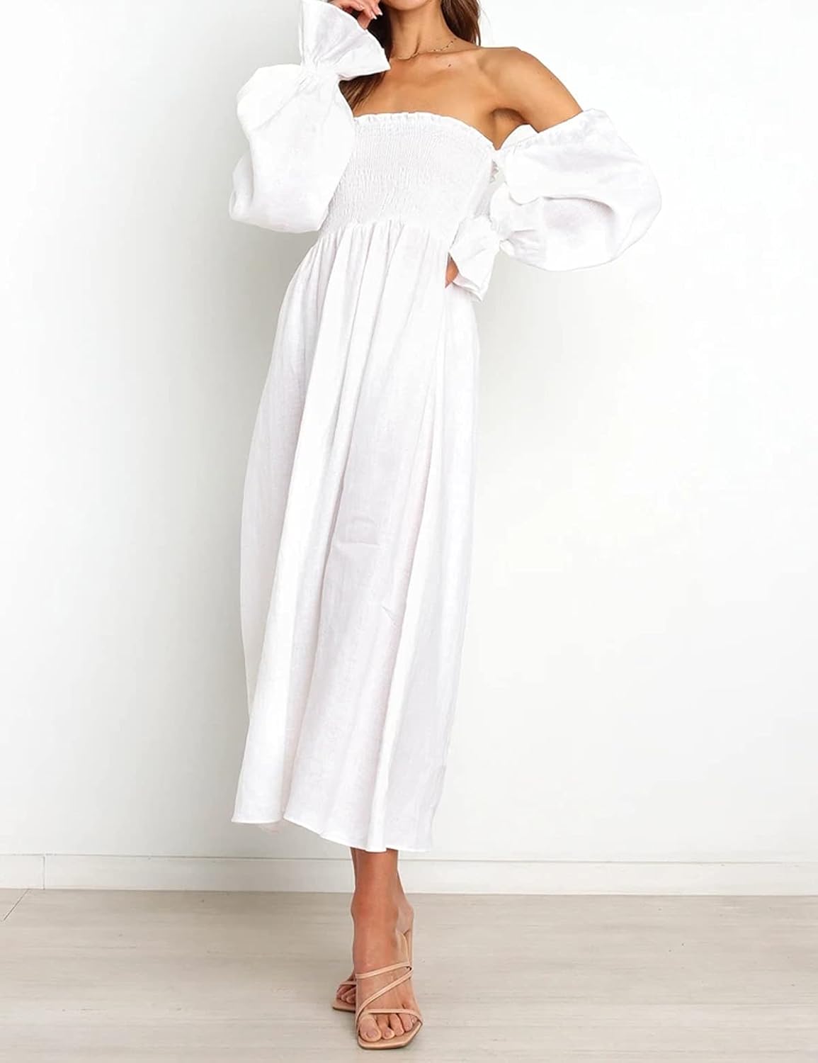 R.Vivimos Summer Dress for Women Long Sleeve Casual Plaid Print Smocked Off Shoulder A-Line Midi Dress - Image 2