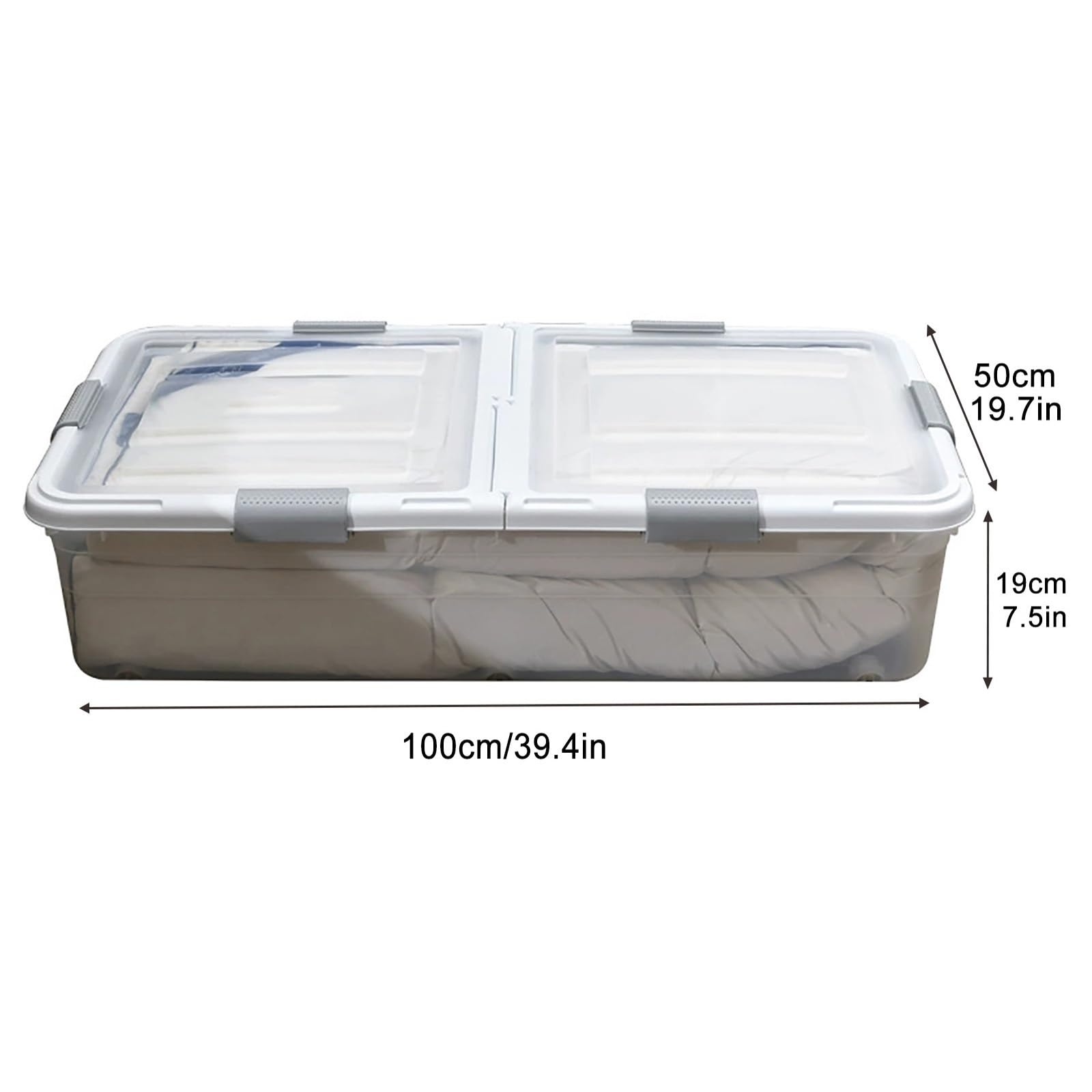 Contenitori Portaoggetti in Plastica Sottoletto con Ruote, Contenitore Portaoggetti Sottoletto con Coperchio, Scatola Trasparente con Chiusura per Scarpe, Coperte, Vestiti, Piumone(100x50x19cm)