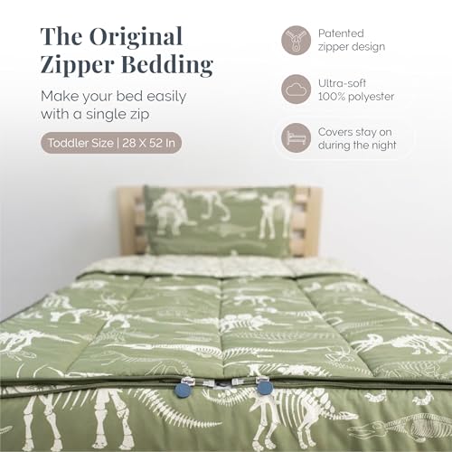 Image of Beddy's Dinosaur T-Rex Durable Zipper Bedding for Kids - Green Sheets & Comforter with Dino Fossils - Includes Pillowcase & Sham - Easy to Make & Wash- Toddler