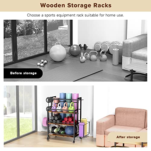 Easycom Metal Heavy Duty Home Gym Storage For Yoga Mat - Weight Rack For Dumbbells Kettlebells, Foam Roller, Resistance Bands And Strength Training Exercise Equipment, Caster Wheels And Hanging Hooks #TOP5