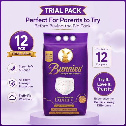 Image of Bunnies Premium All Night Absorb Pant Style Baby Diapers, Extra Large (XL) Size 12-18kg, Pack of 12 Ultra Soft Babies Diapers with Leakage Guard & Anti-Bacterial with 12 Hours Absorption