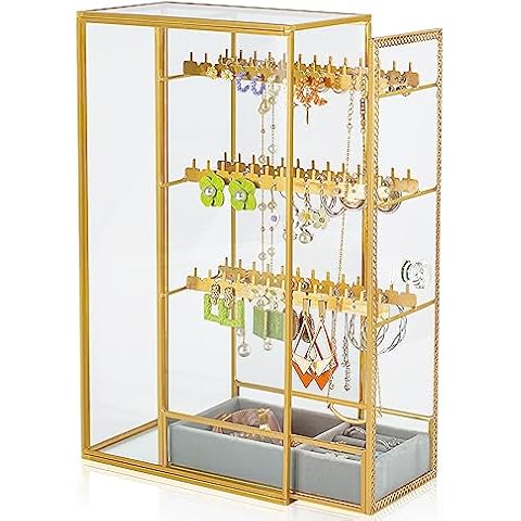 Glass Earring Holder Organizer, Jewelry Organizer Earrings Holder with Hanging Hook, Glass Earring Display Box for Necklace Ring Storage Cover