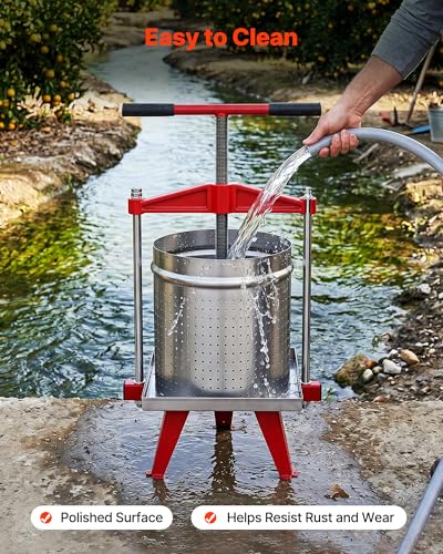 Image of VEVOR Fruit Wine Press, 3.96Gal /15L, Stainless Steel Manual Juice Maker, Heavy Duty T-Shaped Handle & Cross-beam for Cider Apple Grape Vegetable Press, with 2 Filter Bags, for Kitchen Home Brewing