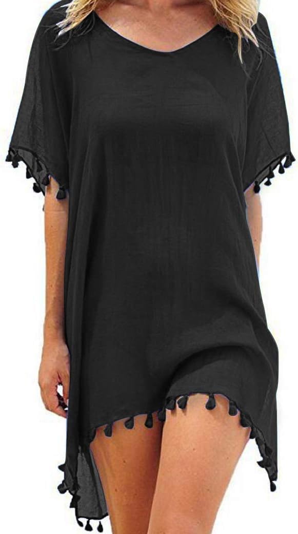Hanaoops Mujer Suelto Vestido de Playa V Cuello Gasa Ropa de Baño con Borla Verano Traje de Baño Bikini Cover Up para Playa Chic Loose Semitransparente Camisolas y Pareos Vestido