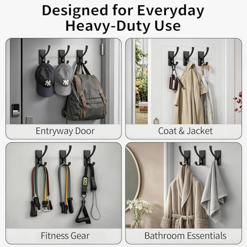 Jesginboo Heavy Duty Coat Hooks for Wall, Self Adhesive Wall Hooks for Hanging Jacket, Backpack, Hat, Clothes, Stick On Door Hanger Hook - for Dorm, Closet, Entryway, Door - Black, 4 Pack — view 4
