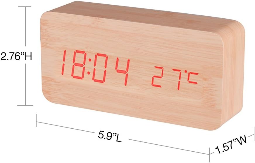 Dimensions of the BALDR Wooden Digital Alarm Clock: 5.9 inches L, 1.57 inches W, 2.76 inches H