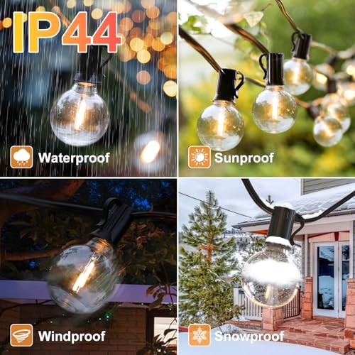 Quntis Solar String Lights Outdoor Waterproof with Remote 4 Light Mode, 106ft 50+3 Bulbs Type-C & Solar Powered G40 LED String Lights with Dimming, Shatterproof Hanging Lights for Backyard Decor