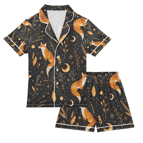 senya Fox and Astrology Moon 1 Satin Summer Pajama Sets Silk Short Sleeve Button Down Sleepwear