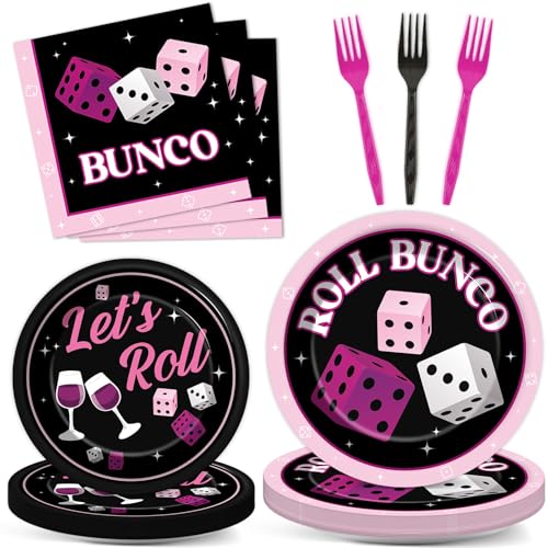 96Pcs Bunco Party Decorations Card Game Themed Tableware Pink Black Bunco Plates Napkins Forks And Napkins Lets Roll Dinnerware Casino Night Bachelorette Party Supplies for Birthday Serves 24 Guests