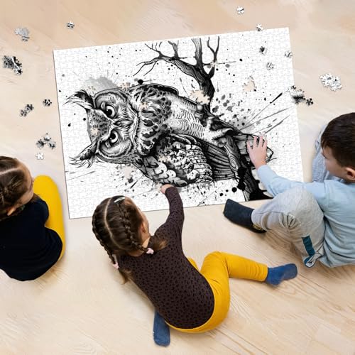 Puzzles de Búho para Adultos 1000 Piezas, Rompecabezas de Naturaleza y Bosque con Pájaros, Arte en Blanco y Negro de Animales de Jungla como Decoración de Búho miniatura 7