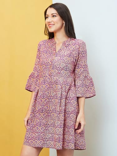 Image of Globus Women Red Allover Ethnic Motifs Print Mandarin Collar A-Line Dress-3640070001
