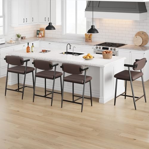 Image of GarveeHome Bar Stools Set of 6 with Arms, 26 inch Modern 6-Piece Counter Height Metal Barstools Set with Back & Footrest, Upholstered Wider Seat, Sturdy Frame, for Counter Bar, Kitchen Island, Retro Brown