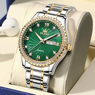 OLEVS Green Quartz Watches for Men Big Dial Analog Wrist Watch Easy Read Roman Numeral Mens Silver Gold Stainless Steel Strap Watches with Date Water Resistant Luminous Hands Diamond Watch Men