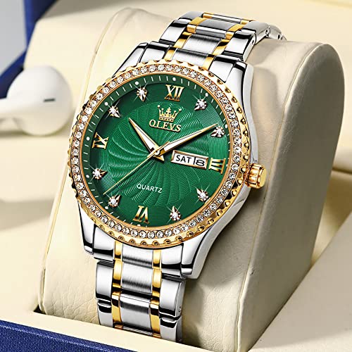 OLEVS Green Quartz Watches for Men Big Dial Analog Wrist Watch Easy Read Roman Numeral Mens Silver Gold Stainless Steel Strap Watches with Date Water Resistant Luminous Hands Diamond Watch Men